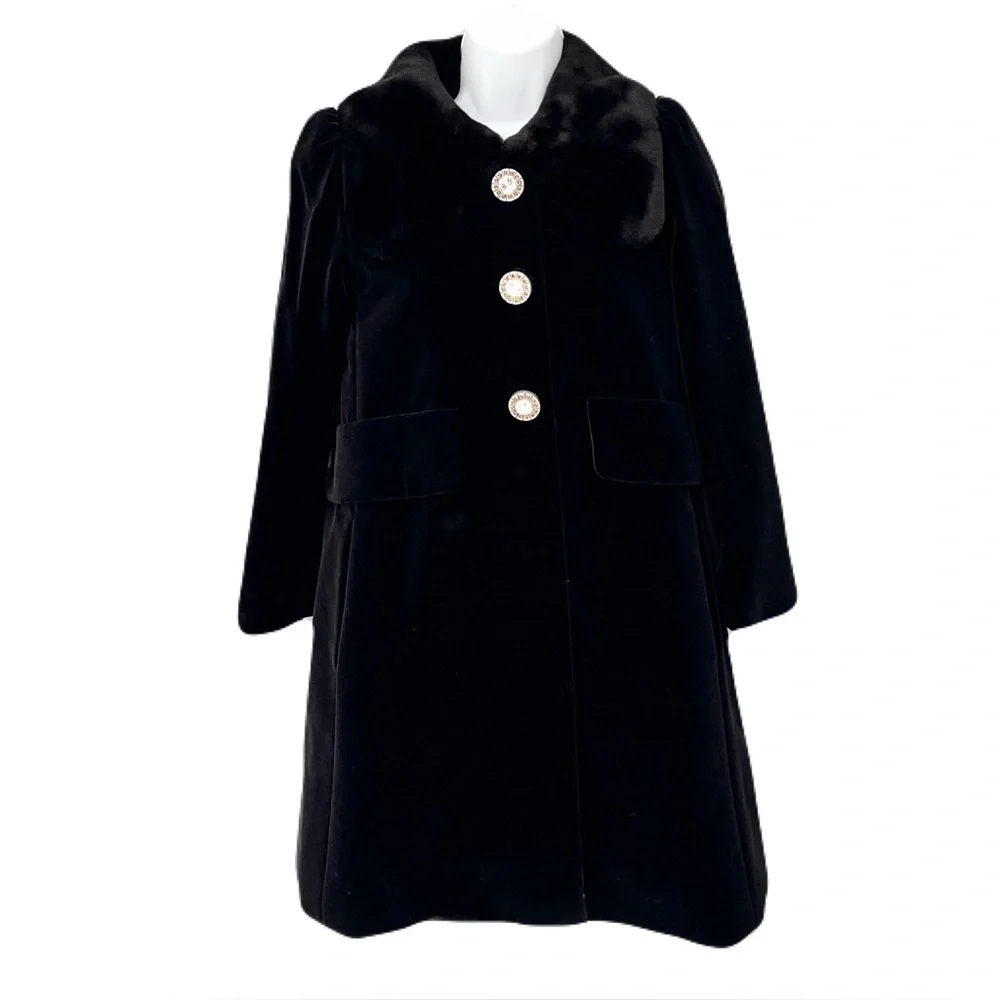 Marc Jacobs Black Velvet Faux Fur Collar Crystal Button Satin Lined Coat, Size 4